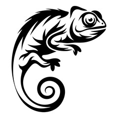 Monochrome Illustration of a Chameleon with Elaborate and Intricate Tail Design