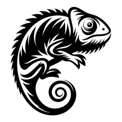 Elegant Black and White Chameleon Illustration with Tribal Tattoo Style Design