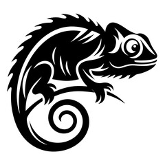 Stylized black and white chameleon curled on a branch in side profile