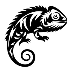 Stylized Black and White Chameleon Illustration with Tribal Tattoo Design Elements