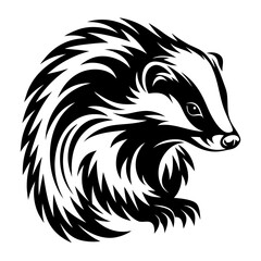 Stylized badger in black and white with dynamic fur patterns, fierce animal