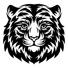 Monochrome Illustration of a Stylized Tiger Face with Intricate Fur Patterns