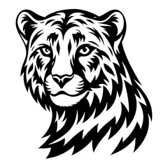 Powerful cheetah head in black and white tribal tattoo illustration