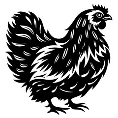 Stylized Black and White Illustration of a Chicken with Feather Details