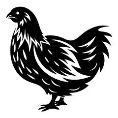 Black and white stylized chicken illustration with decorative feather pattern