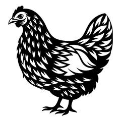 Graphic monochrome illustration of a stylized chicken with unique feather patterns