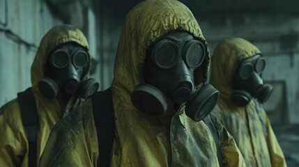 Apocalyptic scene: Three figures in yellow hazmat suits and gas masks stand guard. Gloomy, post-disaster.