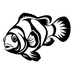 Monochrome illustration of a clownfish with distinct white markings and black outlines