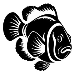 Elegant Black and White Clownfish Illustration with Detailed Fins and Markings