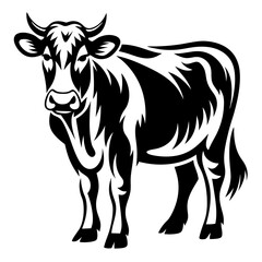 Black and white graphical depiction of a horned dairy cow standing tall