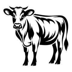Black and white graphic illustration of a standing cow on white background