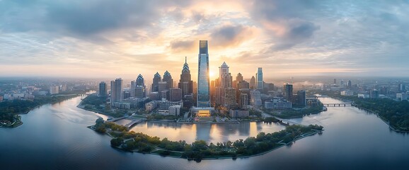 Naklejka premium Skyline panorama at dawn with cityscape reflecting in water. Sun shines over the city