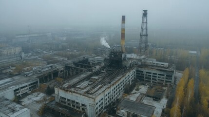 Naklejka premium Aerial view of a dilapidated industrial complex with smokestacks emerging from the dense, atmospheric fog.