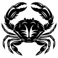 Stylized black and white crab with large pincers set against white background