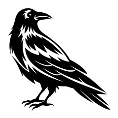 Stylish black raven silhouette with intricate feather details against white backdrop