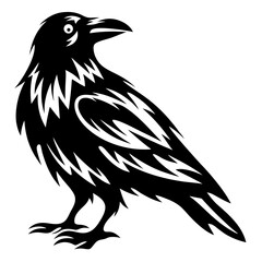 Stylized raven in black silhouette showing detailed feathers and tribal design elements