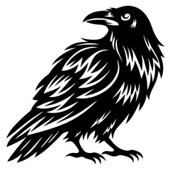 Stylized black raven silhouette with feather details on a white background