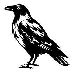 Stylized black and white image of a standing raven silhouette with details