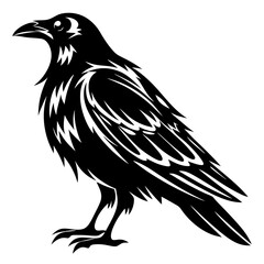 Stylized black raven illustration standing with artistic feather detail on white background