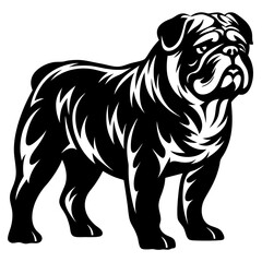 Strong graphic style black and white illustration of an English Bulldog