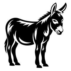 Stylized black donkey stands against white backdrop, an animal silhouette