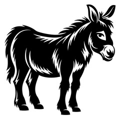 A black and white illustration of a donkey standing on white background