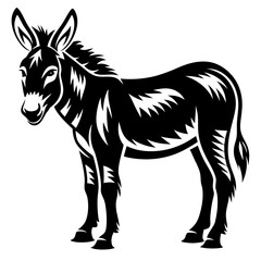 Stylized Black and White Donkey Standing Calmly on a White Background