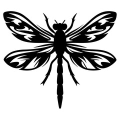 Stylized Silhouette of a Dragonfly with Intricate Wing Patterns on a White Background