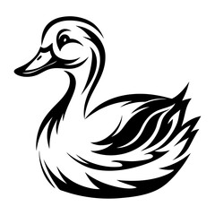 Black and white tribal stylized duck design with flowing line art