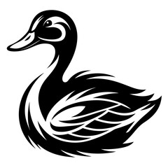 Monochrome duck illustration featuring abstract feather designs on a white background