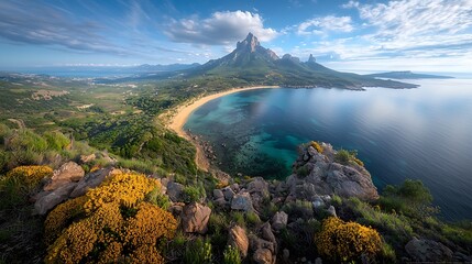 Obraz premium Scenic coastal view. Beach, turquoise water, mountain, and lush green vegetation under blue sky