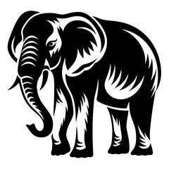 Black and white illustration of an elephant with graphic styling elements
