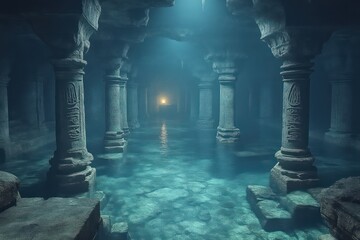 Underwater Ancient Ruins with Mysterious Light and Pillars