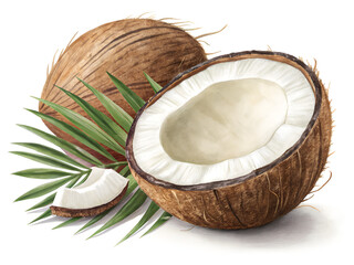 Fresh Tropical Coconut with Green Leaves – Whole, Halved, and Sliced on White Background