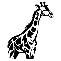 Striking black and white graphic illustration of a giraffe silhouette artwork