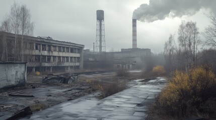 Obraz premium Abandoned industrial complex with crumbling buildings and smokestacks amidst a desolate, foggy landscape