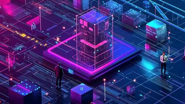 Abstract Digital Network Cityscape Visualization with Data Transmission and Connectivity