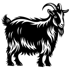 Majestic monochrome goat with curled horns standing proudly on white background