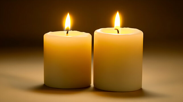 Two candles burning brightly, dark background, peaceful scene, ideal for remembrance
