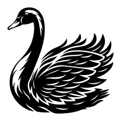 Elegant stylized black swan illustration with intricate feather details on a white background