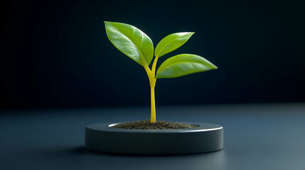 Young plant growing in pot, dark background, new life