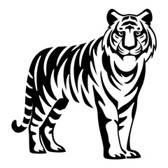 Striking black and white tiger with bold stripes stands alert and aware