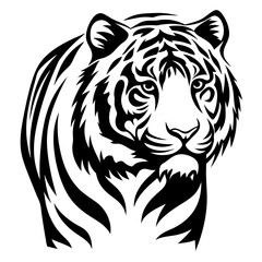 Monochrome Tiger Head Illustration with Bold Striking Stripes on White Background