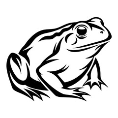 Stylized black and white depiction of a frog in profile view
