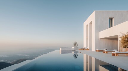 Fototapeta premium Luxurious white villa with infinity pool overlooking a scenic landscape