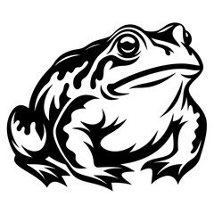 Striking black and white illustration of a stylized, powerful looking frog design