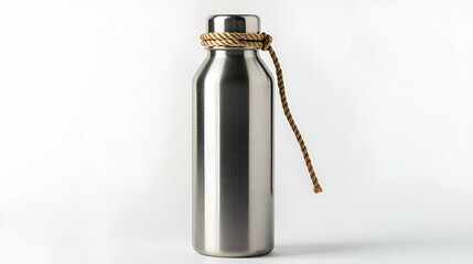 Stainless steel water bottle, rope detail, white background, hydration