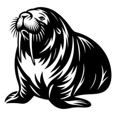 Monochrome graphic illustration of a regal walrus gazing upwards majestically and powerfully