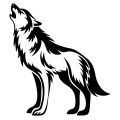 Stylized Black and White Howling Wolf Illustration with Bold Outlines and Contrasts