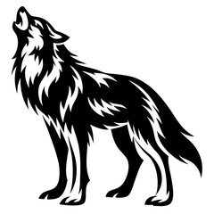 Black and white illustration of a howling wolf in a tribal style
